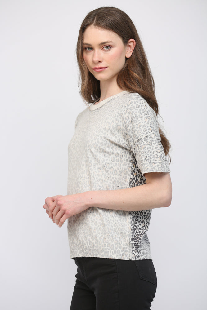 Washed Print Crew Neck Short Sleeve Sweater Cream Multi