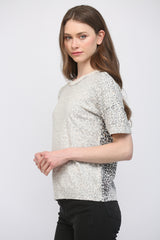 Washed Print Crew Neck Short Sleeve Sweater Cream Multi