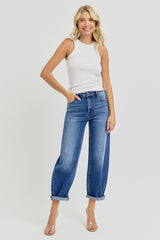 High Rise Crop Mild Barrel Leg Jeans Dark