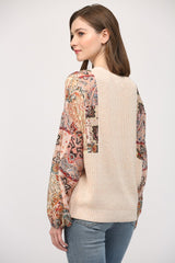 Mixed Media Patch Print Sleeve Round Neck Sweater Blush + Taupe