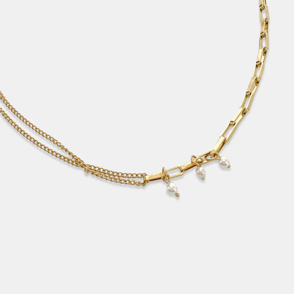 Double Curb Chain Pearl Dangle Necklace - Gold