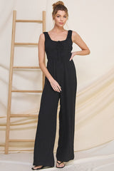 Pinstripe Linen Sleeveless Milkmaid Jumpsuit Black Stripe