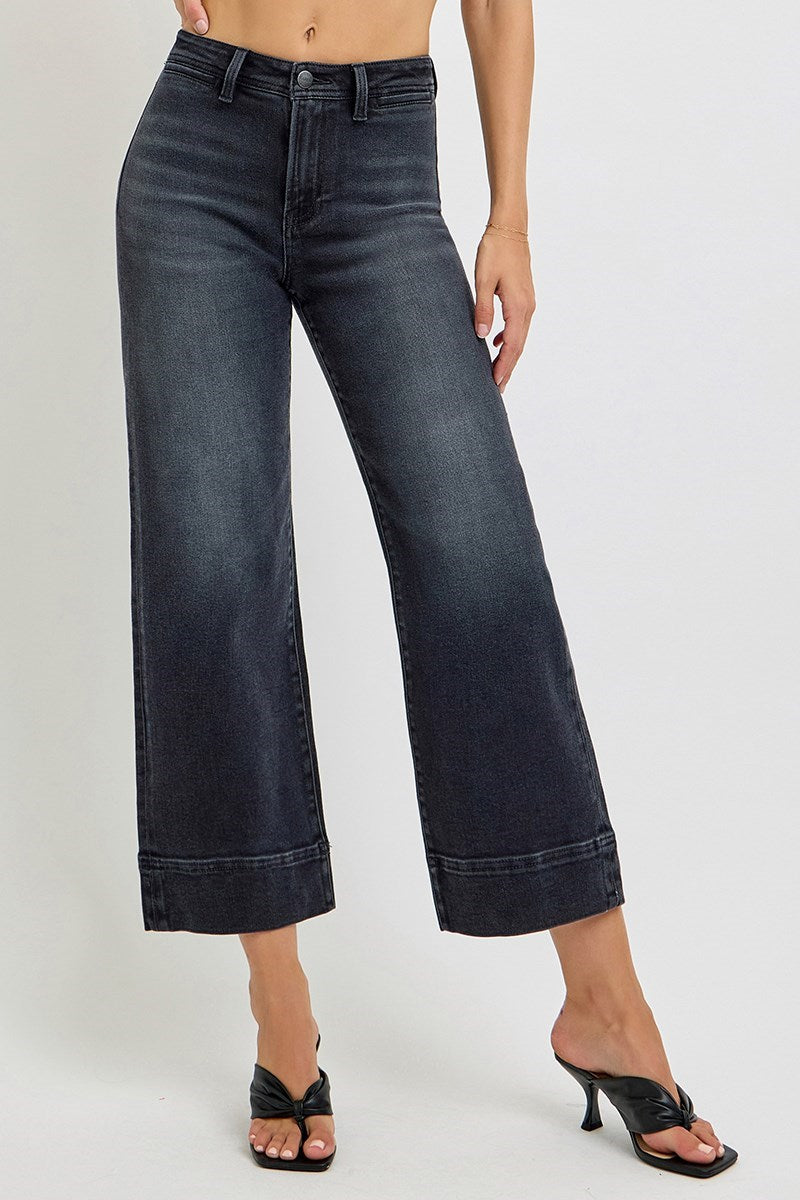 High Rise Crop Wide Jeans Washed Black