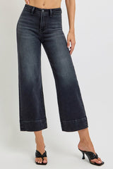 High Rise Crop Wide Jeans Washed Black