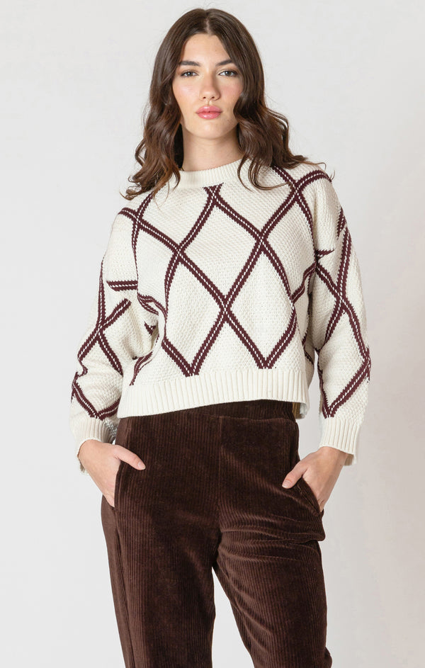 Diamond Check Crew Neck Sweater Cream + Cocoa