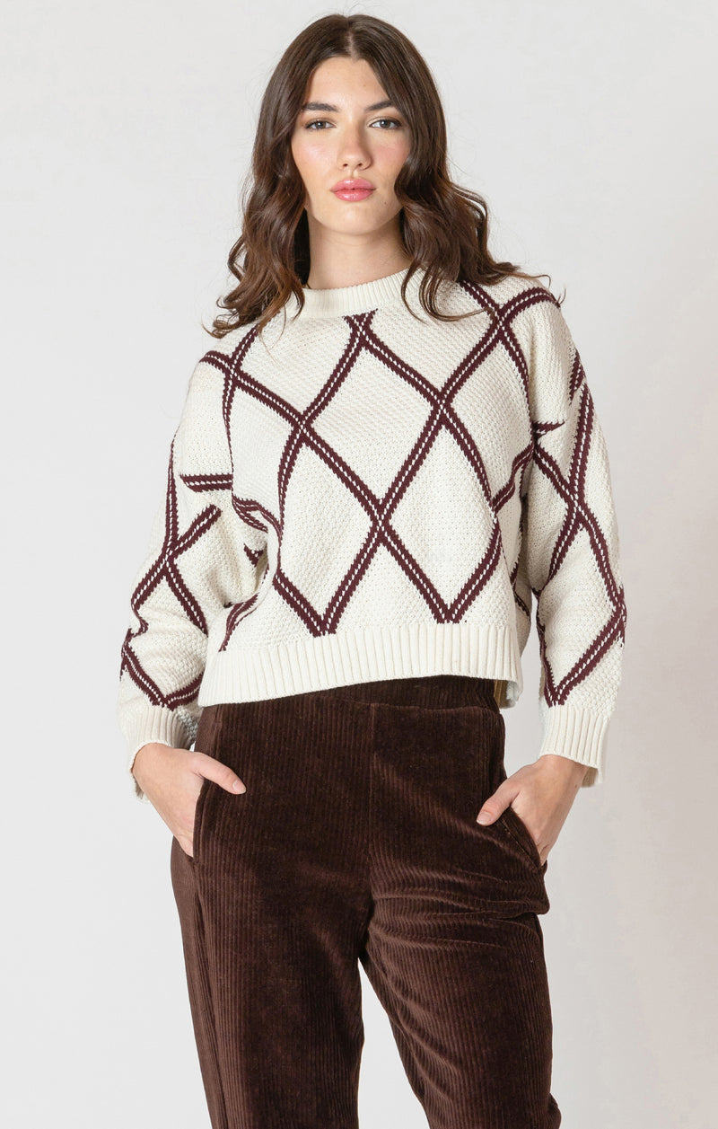 Diamond Check Crew Neck Sweater Cream + Cocoa