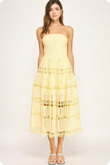 Eyelet Lace Tube Midi Dress Pastel Yellow