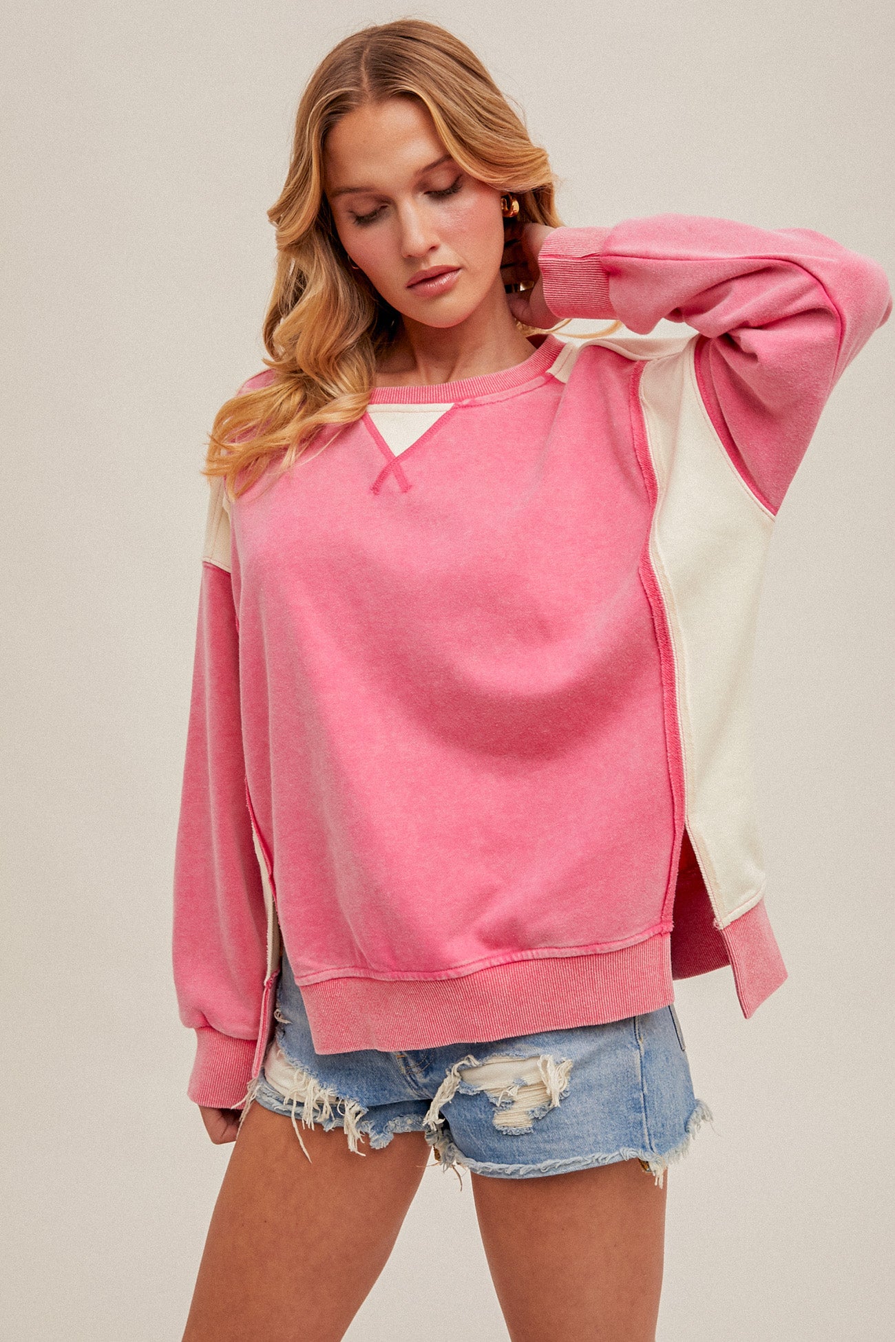 Colorblock Oversized French Terry Sweatshirt Fuchsia