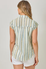 Flutter Cap Sleeve Stripe Button Down Shirt Denim Blue Mix