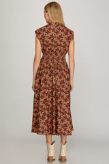 Vintage Poppy Floral Smocked Waist Zip Midi Dress Dusty Rose + Wine