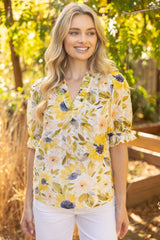 Ruffled Vneck Floral Print Embroidered Top Yellow