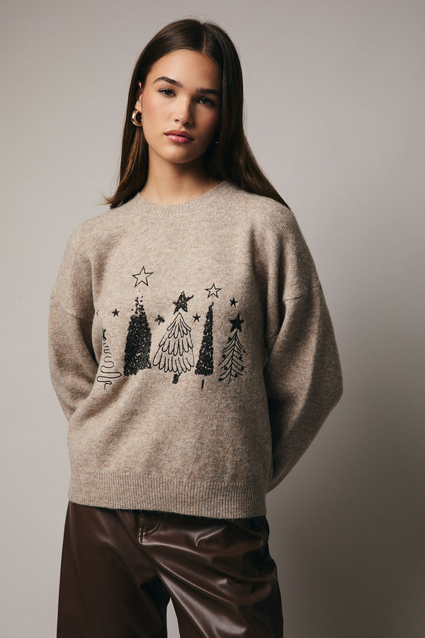 Sequin Christmas Trees Sweater Oatmeal