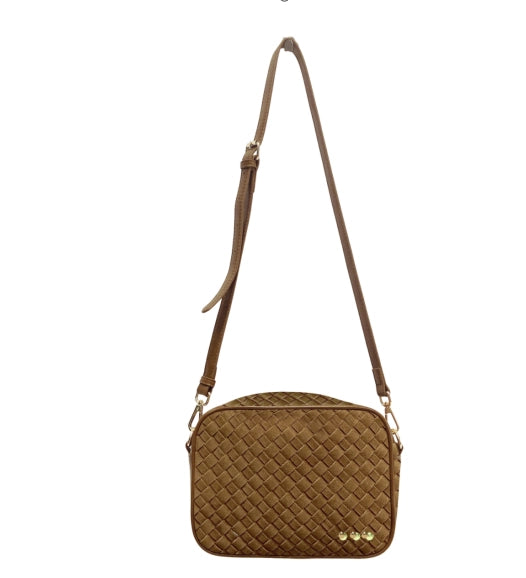 Willow Woven Camera Crossbody Bag Camel Suede