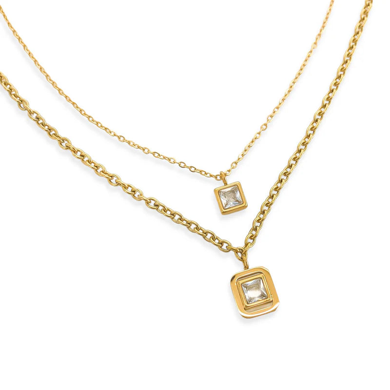 WR Double Layered Crystal Squares Necklace