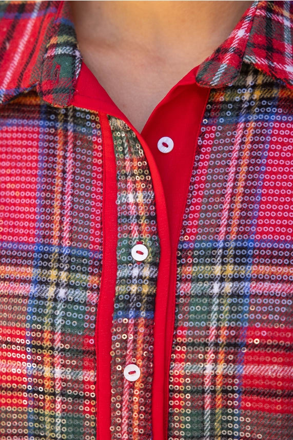 Tartan Plaid Sequin Puff Sleeve Dress