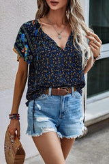 Ethnic Boho Print Split Vneck Flare Sleeve Blouse Navy