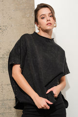 Stud Detail Funnel Neck Capelet Boxy Top Charcoal