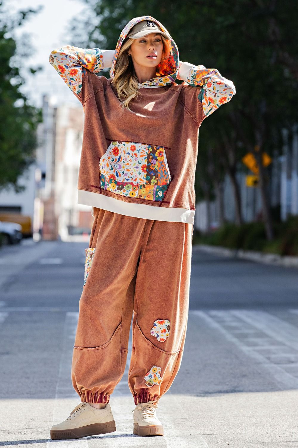 Mixed Floral Print Terry Hoodie Brick