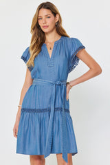 Crochet Edges Tiered Skirt Tie Belt Dress Chambray