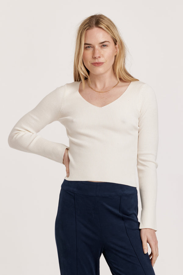 Odette Vneck Ribbed Sweater Vintage Cream