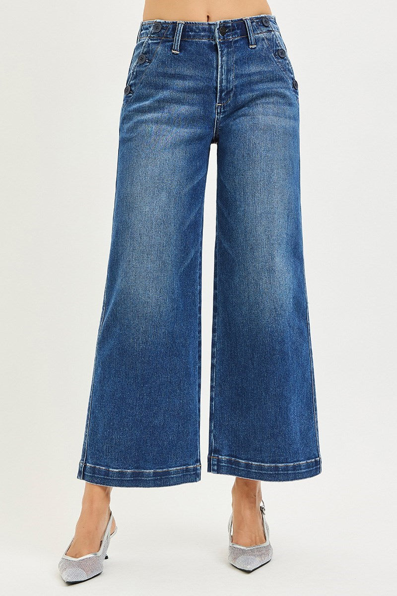 High Rise Crop Wide Leg Button Detail Jeans Dark