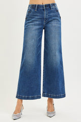 High Rise Crop Wide Leg Button Detail Jeans Dark