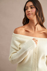 Off Shoulder Cropped Button Sweater Cardi Cream