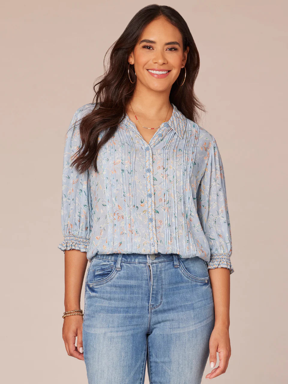Pintuck Picot Button Front Elbow Sleeve Top Blue Crush Multi