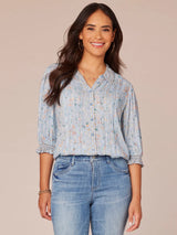 Pintuck Picot Button Front Elbow Sleeve Top Blue Crush Multi