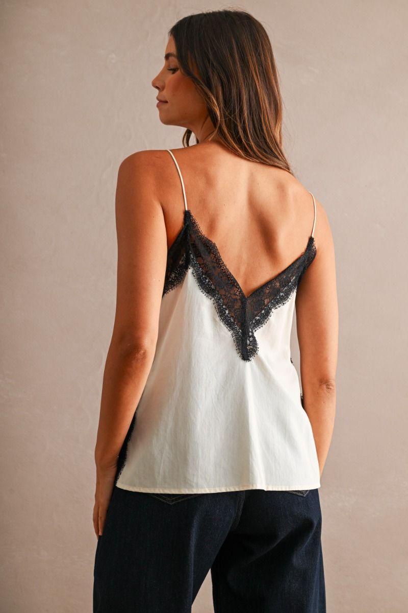 Contrast Lace Trim Cami Ecru