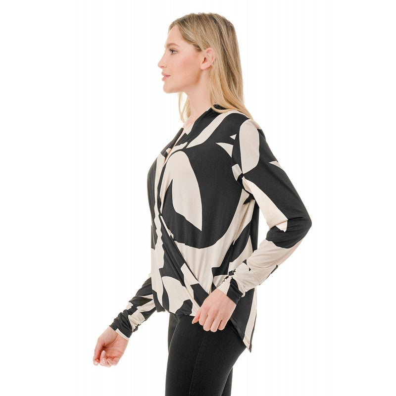 Surplice Printed Long Sleeve Blouse Black + White Mod Swirl