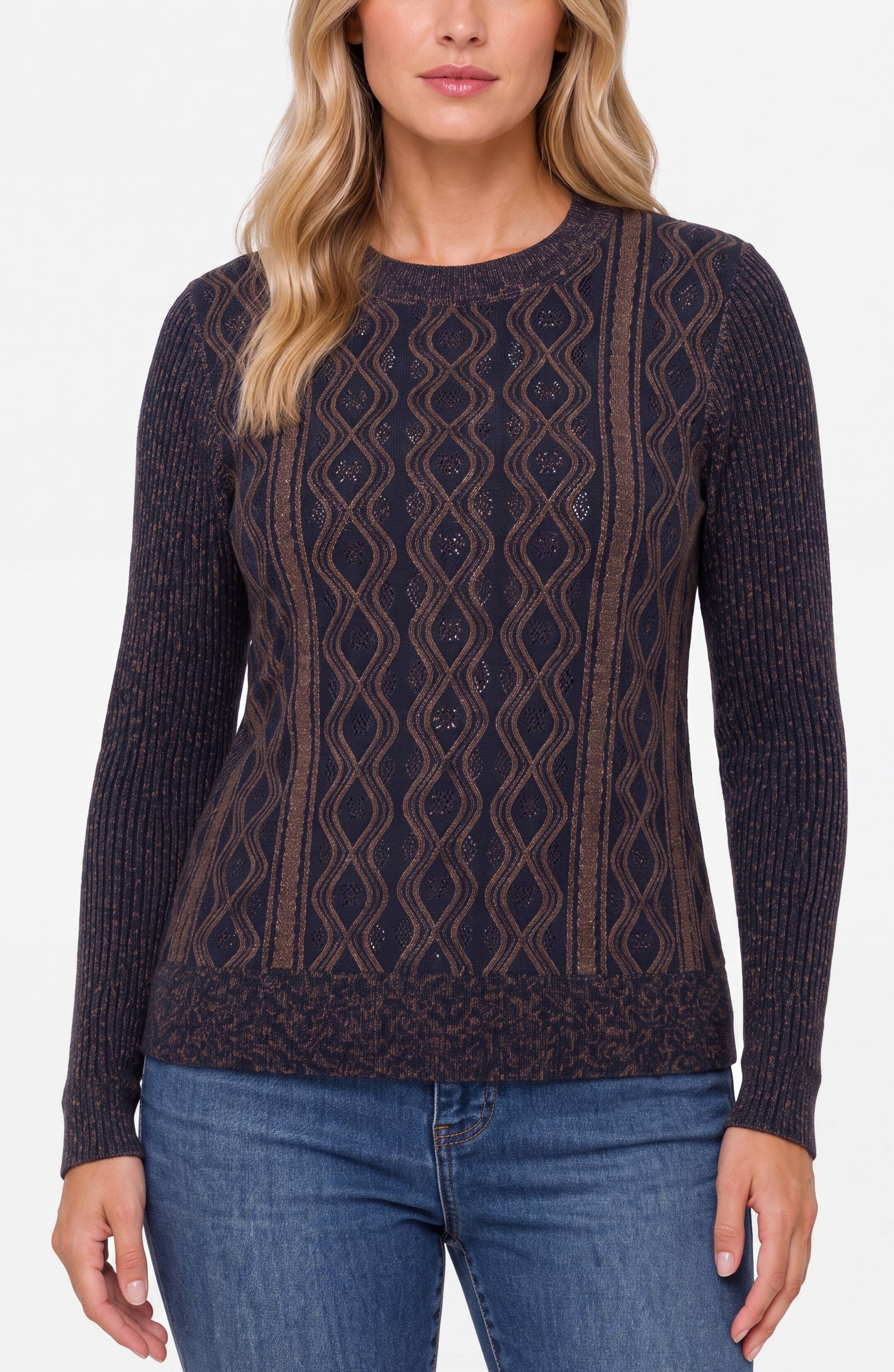 Wave Texture Long Sleeve Crew Neck Sweater Navy + Brown