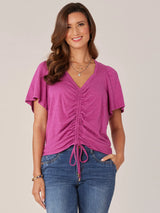 Ruched Front Flutter Sleeve Top Shocking Raspberry