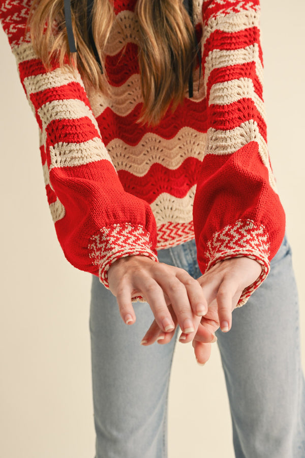 Wavy Stripe Puff Sleeve Sweater Red Beige