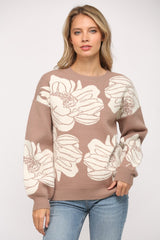 Floral Print Jacquard Knit Crew Neck Sweater Mocha + Cream