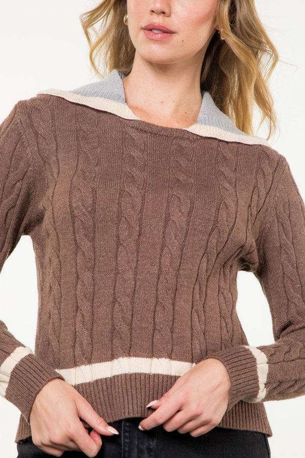 Contrast Scallop Collar Cable Knit Sweater Brown