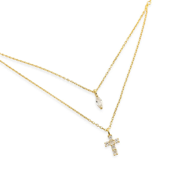 14k Gold Dipped Double Layered Crystal Cross Necklace