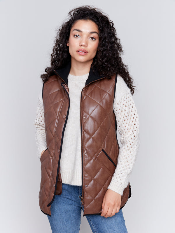 Long Quilted Leather Vest Cognac