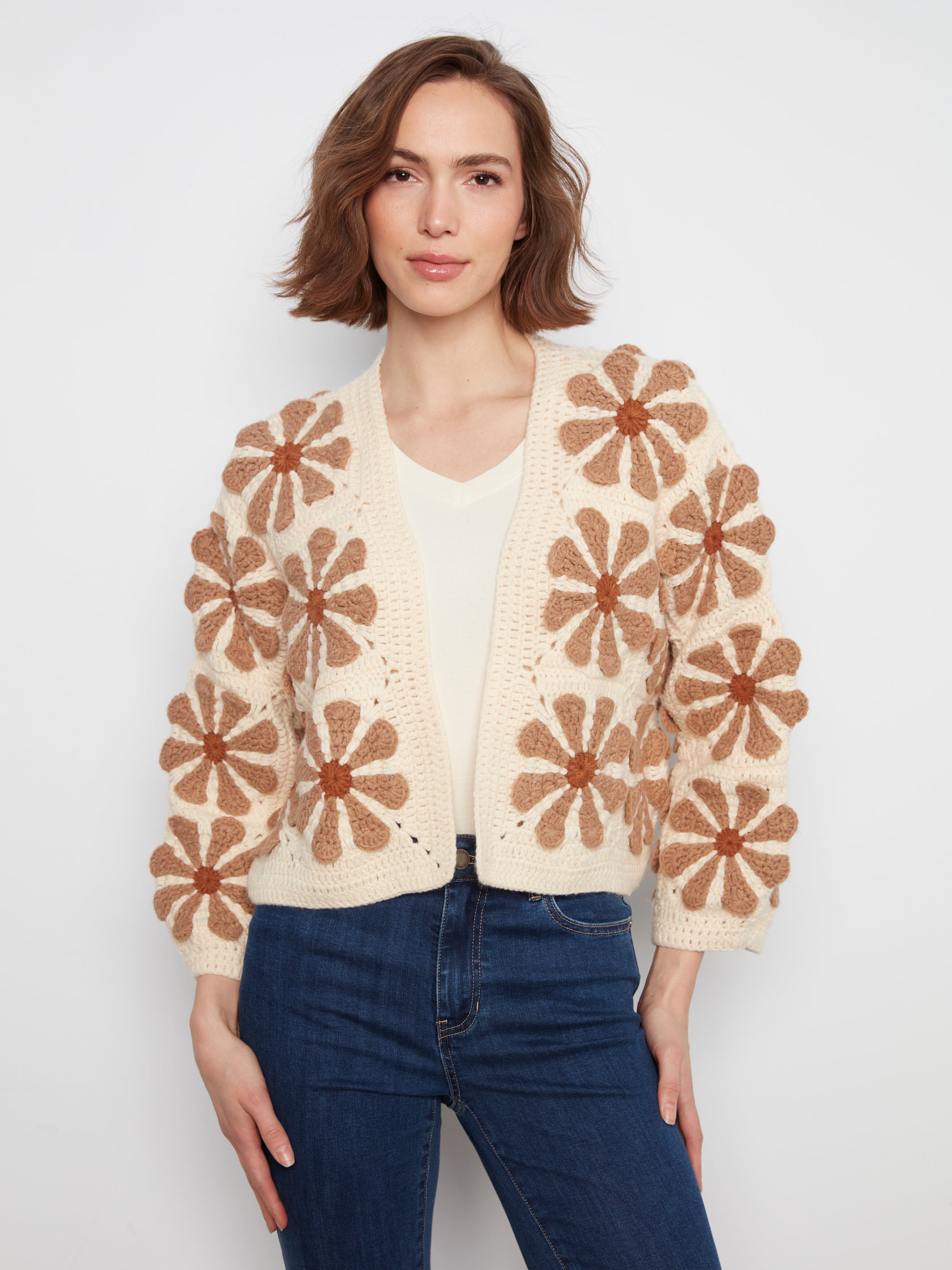 Drop Shoulder Flower Crochet Cardigan Ecru