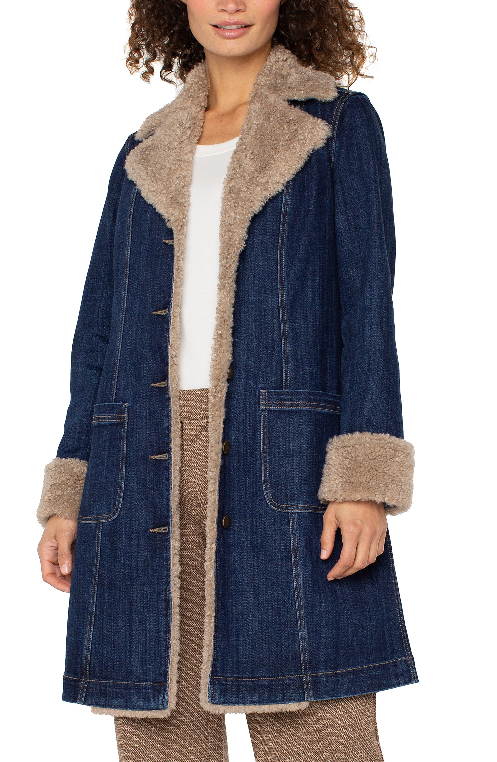 Sherpa Trimmed Notch Collar Long Denim Jacket Rinse Wash