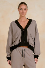 Contrast Detail Bomber Zip Up Sweatshirt Taupe + Black