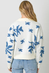 Textured Leaf Print Collared Sweater Ivory + Blue