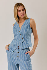 Asymmetric Hem Button Down Stripe Denim Vest Denim White Stripe
