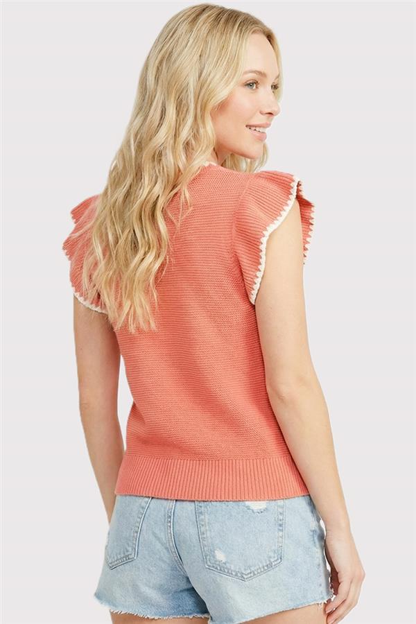Blanket Stitch Detail Ruffle Sleeve Sweater Top Papaya