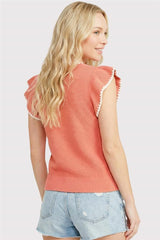 Blanket Stitch Detail Ruffle Sleeve Sweater Top Papaya
