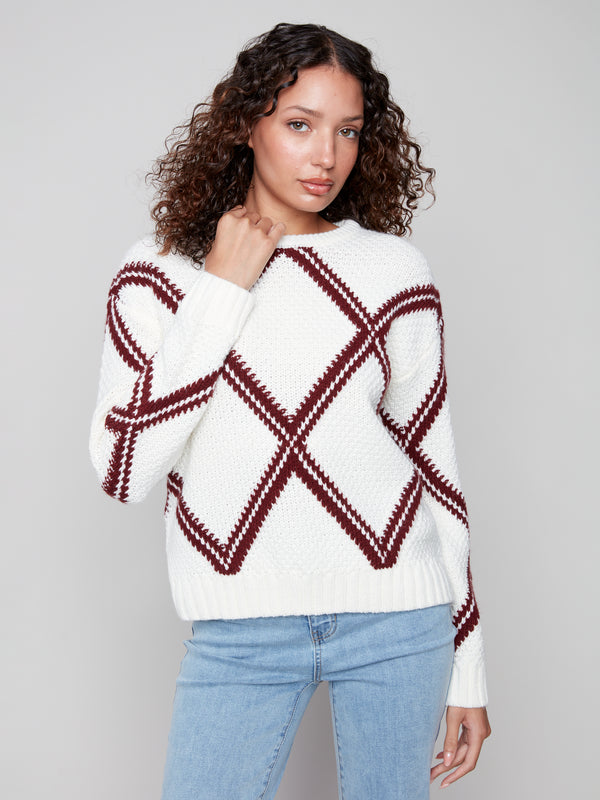 Crew Neck Intarsia Diamonds Sweater Cabernet