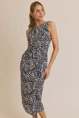 Aztec Abstract Side Twist Midi Dress Taupe + Black