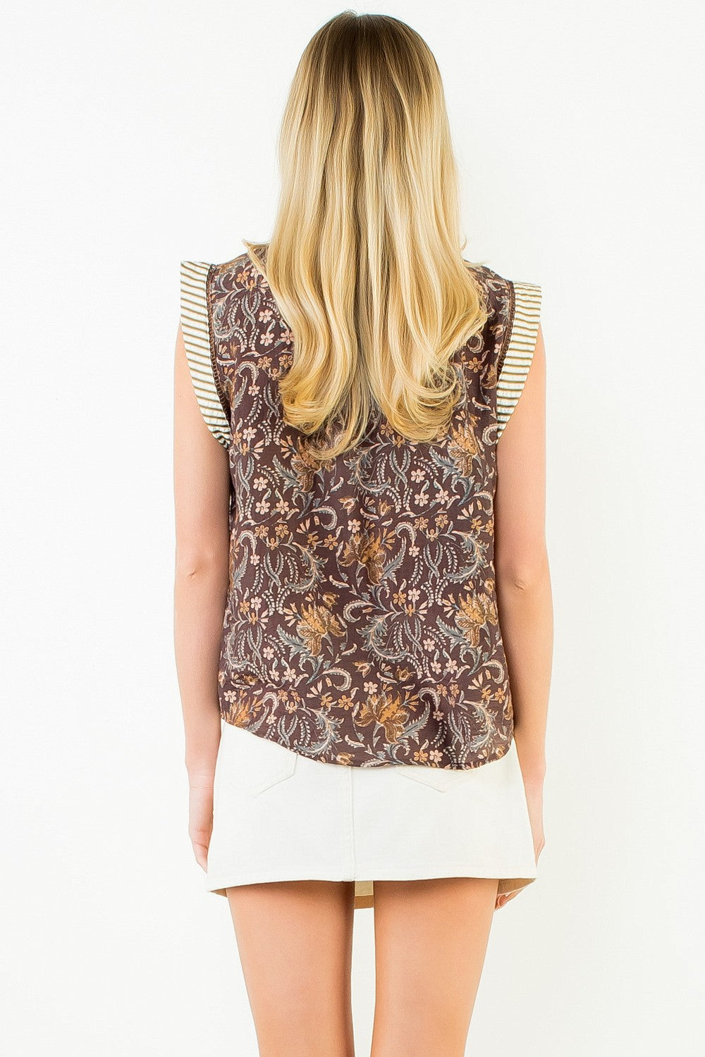 Vintage Floral Stripe Contrast Sleeveless Top Brown