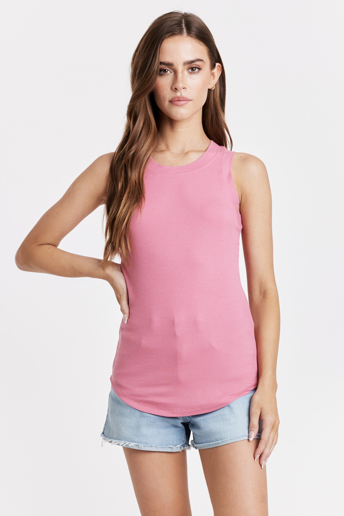 Cleo Ribbed Curve Hem Tank Soft Cherry