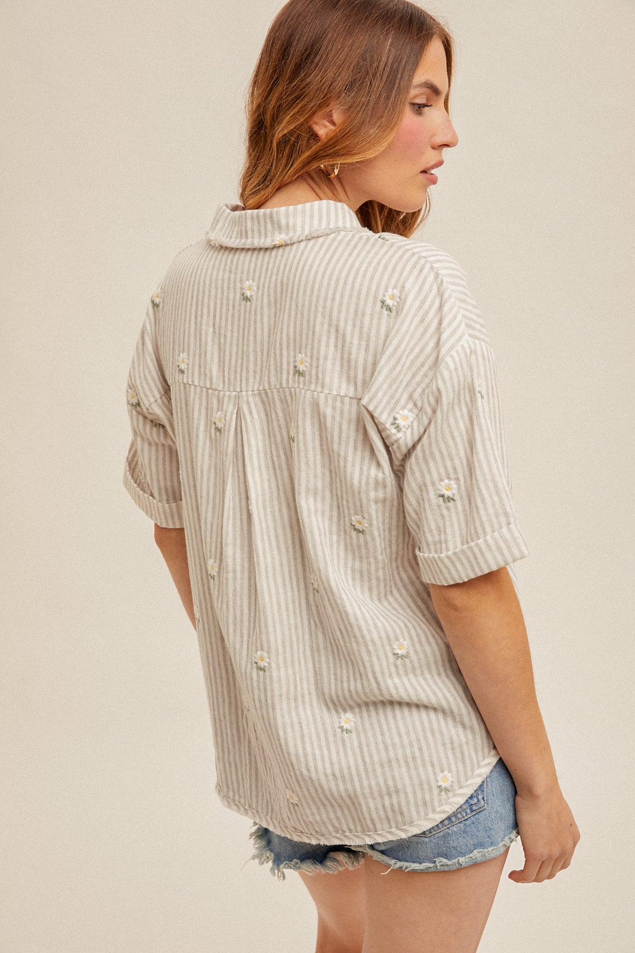 Floral Embroidered Fray Hem Boxy Stripe Shirt Heather Grey